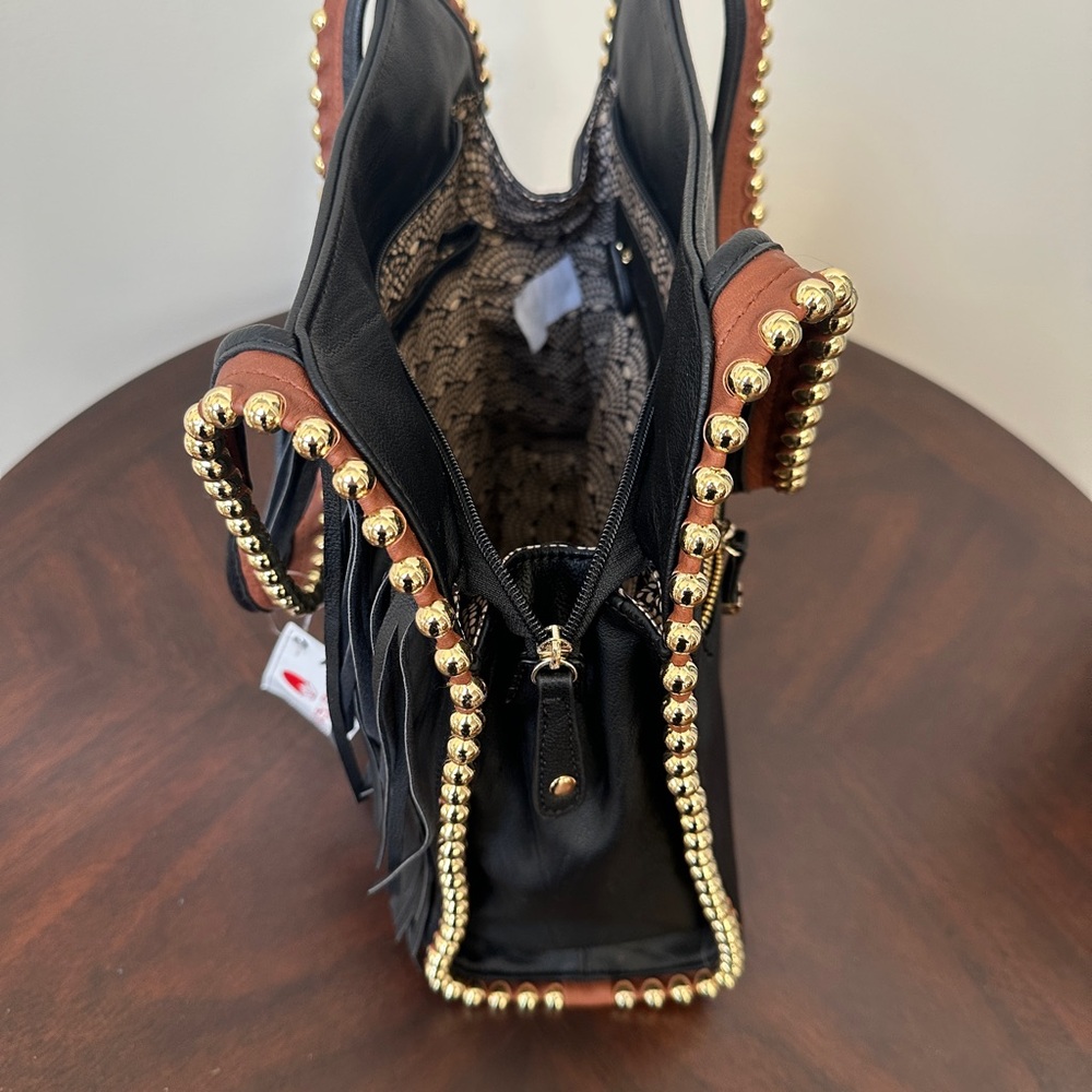 Big Buddha Black Fringe Shoulder Bag with Gold Accents - Picture 5 of 6